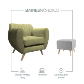 Sillón Sofá Nórdico Daven 1 Cuerpo + Banqueta Anti-Manchas – Estilo Vintage, Madera y Pana/Lino